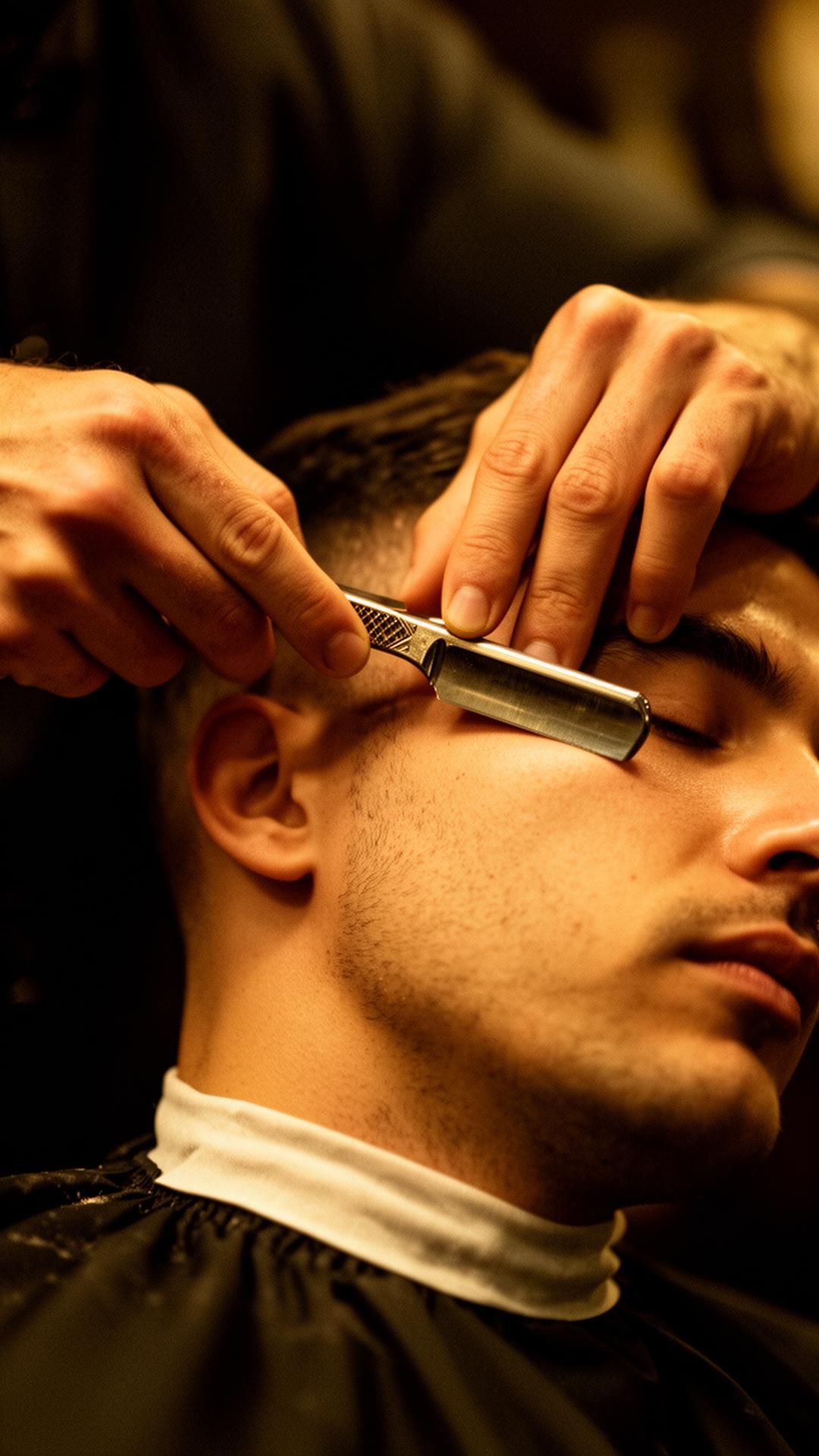 Master barber working with straight razor